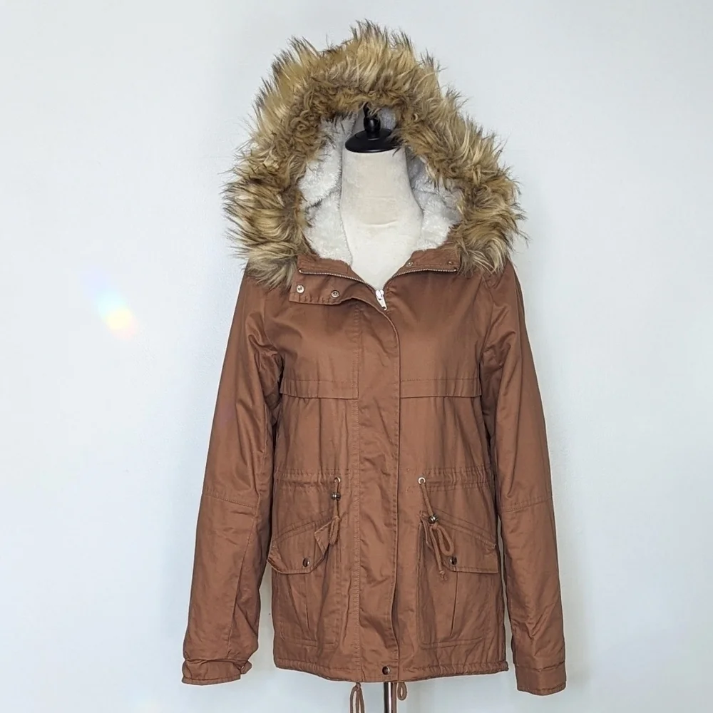 Love Tree Boutique Brown Faux Fur Trimmed Hood Sherpa Lined Jacket Coat Small - Picture 13 of 13